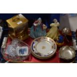 TRAY CONTAINING ROYAL DOULTON FIGURINE ORNAMENTS, DECORATIVE LIDDED BOX, SILVER PRESENTATION JACK ON