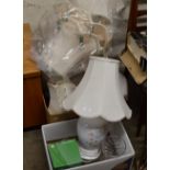 2 BOXES WITH VARIOUS LAMPS, CRYSTAL WARE ETC