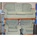 3 PIECE GREEN FABRIC LOUNGE SUITE COMPRISING 3 SEATER SETTEE & 2 SINGLE ARM CHAIRS