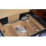 BOX WITH ASSORTED CUTLERY, SET OF 6 SILVER SPOONS, , NAPKIN RINGS, EP SERVERS ETC