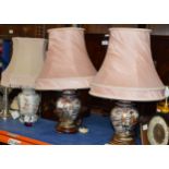 PAIR OF ORIENTAL STYLE LAMPS WITH SHADES, 1 OTHER LAMP & GLASS PAPERWEIGHT