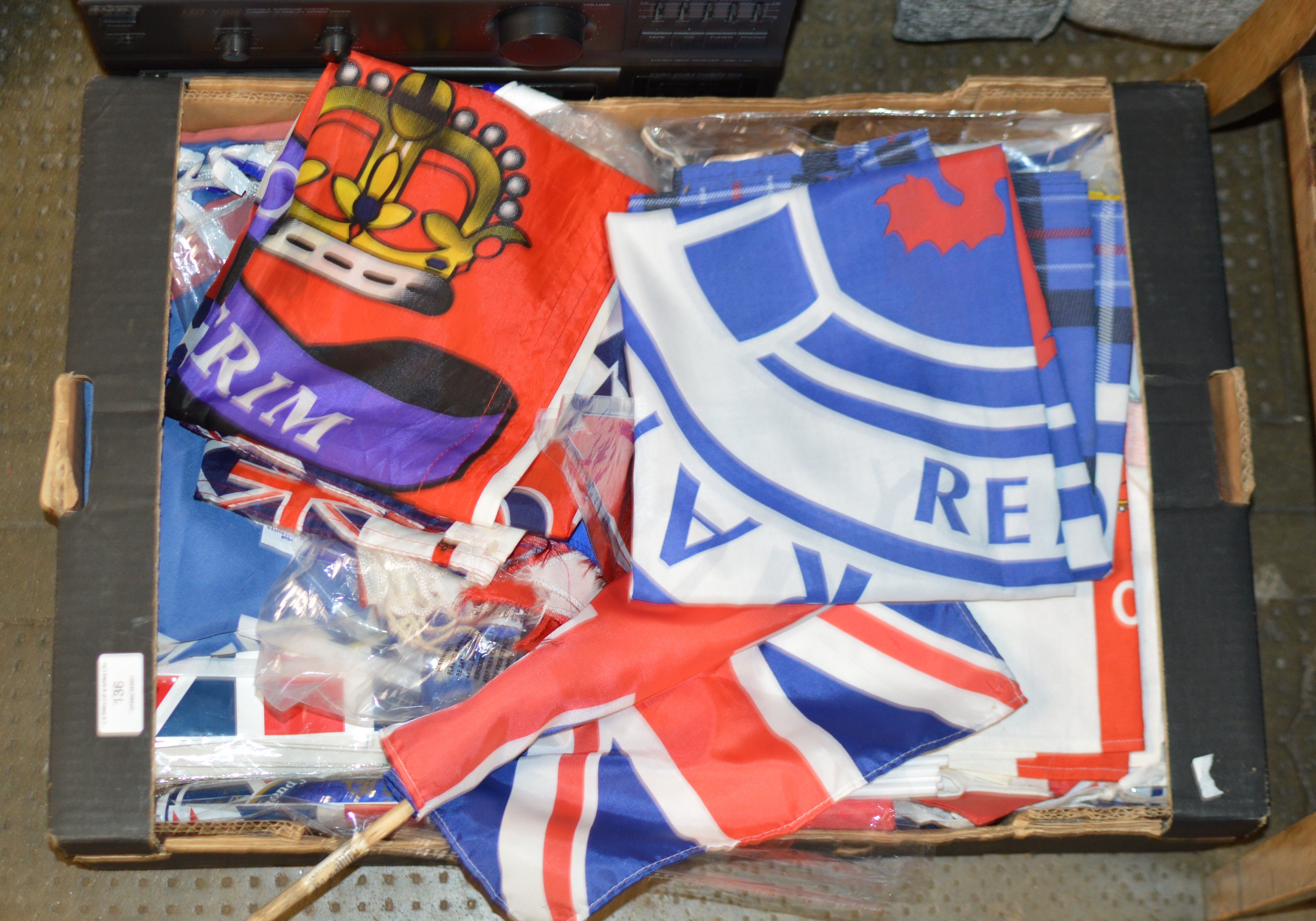 BOX CONTAINING ASSORTED FLAGS