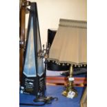 BALANCE SCALE, PYRAMID LAMP & BRASS FINISHED TABLE LAMP
