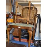 MAHOGANY CANE BACK CHAIR, STRING TOP STOOL