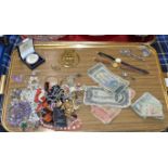 TRAY CONTAINING ASSORTED COSTUME JEWELLERY, WRIST WATCHES, OLD BANK NOTES ETC