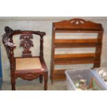 ORNATE CORNER CHAIR & OAK OPEN BOOKCASE