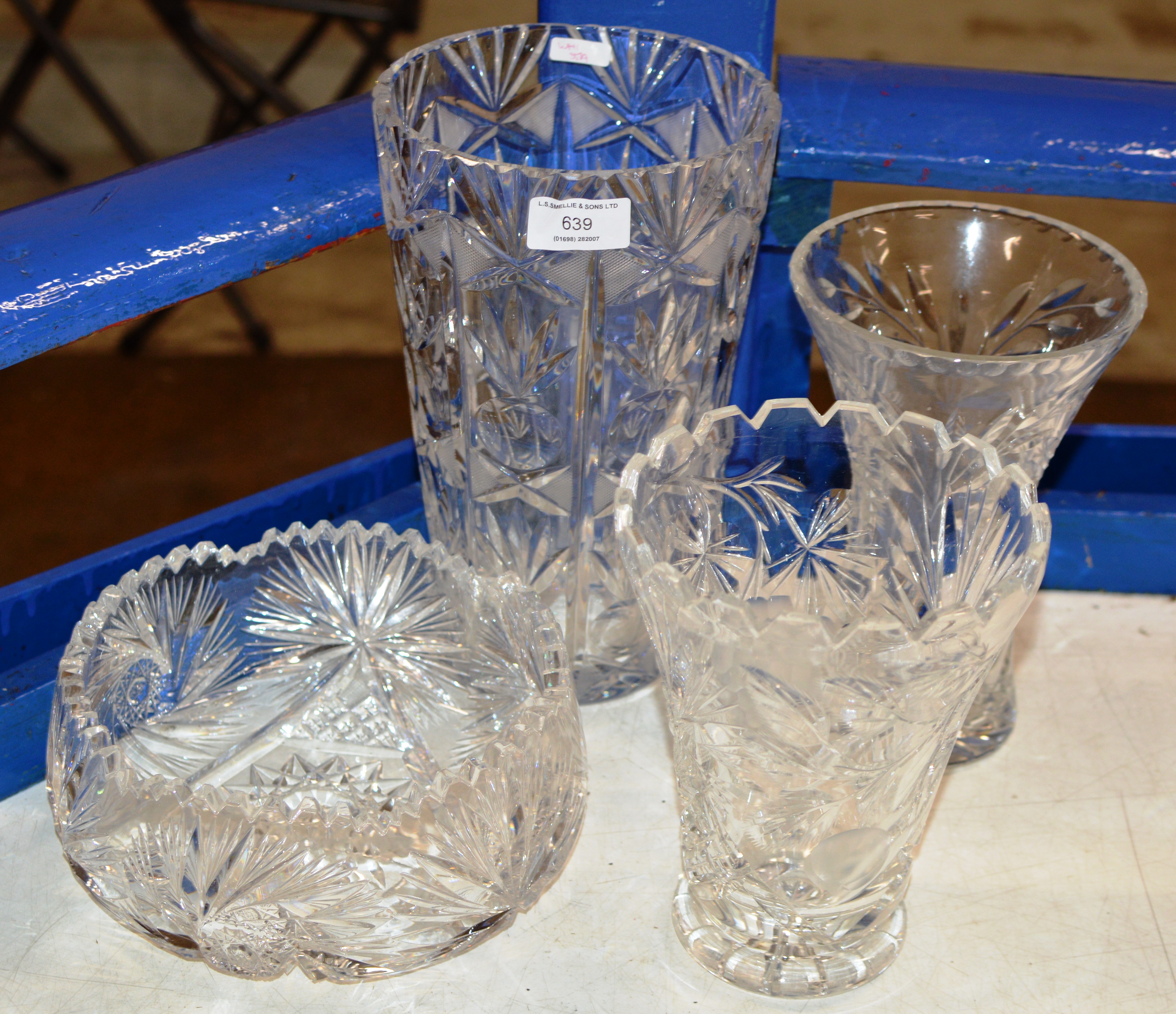 3 VARIOUS CUT CRYSTAL VASES & CUT CRYSTAL FRUIT BOWL