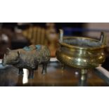 CHINESE BRONZE INCENSE BURNER & ARCHAIC STYLE BRONZE RHINO BURNER