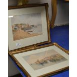 PAIR OF GILT FRAMED WATERCOLOURS - HARBOUR SCENES, BY R. STEWART