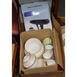 BOX WITH ASSORTED TEA WARE, HANDY STEAMER ETC