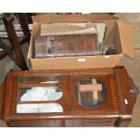 BOX CONTAINING LARGE LEATHER FAMILY BIBLE, EP CUTLERY, CLOCK CASE ETC