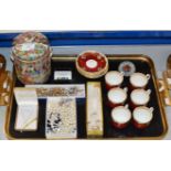 TRAY CONTAINING CHINESE LIDDED JAR, COSTUME JEWELLERY, ROYAL WORCESTER COFFEE WARE, PAPER WEIGHT ETC