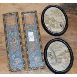 PAIR OF FRAMED CHINESE 19TH CENTURY MANDARINS CUFFS & PAIR OF SMALL OLD FRAMED SEWN PICTURES