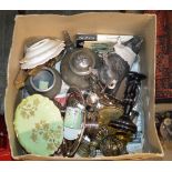 BOX CONTAINING ROYAL ALBERT DISHES, PEWTER WARE, LARGE PIG ORNAMENT, BRASS WARE, EP WARE ETC