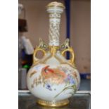 14" ROYAL WORCESTER DOUBLE HANDLED LIDDED VASE DECORATED WITH FLOWERS & BUTTERFLIES