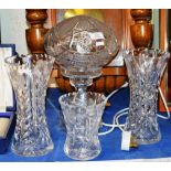 CRYSTAL TABLE LAMP & 3 VARIOUS CRYSTAL VASES