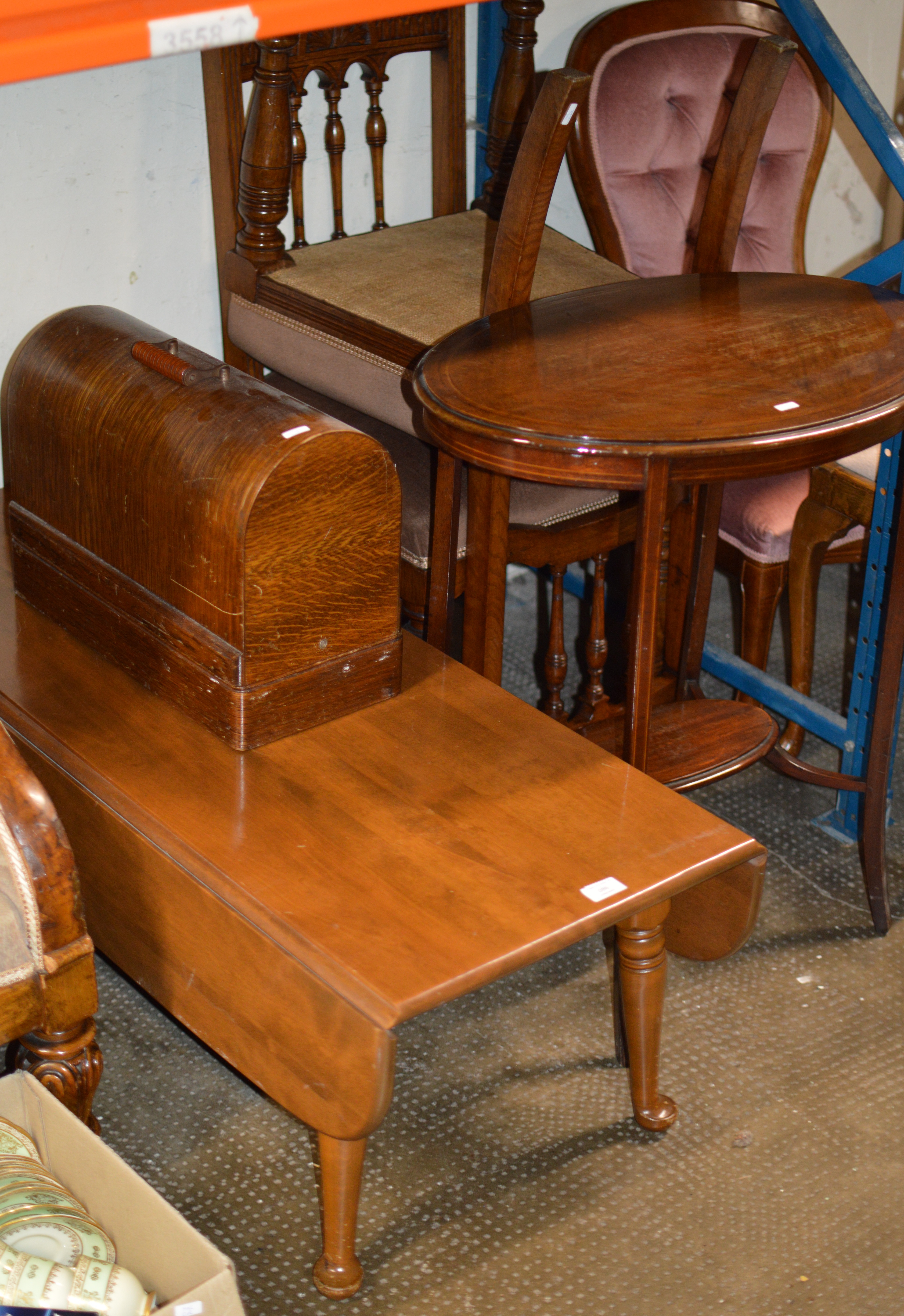 MAHOGANY DROP LEAF TABLE, PAIR OF VICTORIAN CHAIRS, MAHOGANY OCCASIONAL TABLE & SEWING MACHINE