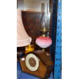 OAK CLOCK CASE, RETRO LAMP & VICTORIAN PARAFFIN LAMP