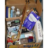 2 STICKS & 2 BOXES CONTAINING VARIOUS DISHES, MIXED CERAMICS, JEWELLERY BOXES, PHONES ETC