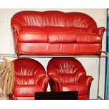 3 PIECE RED LEATHER LOUNGE SUITE WITH WOODEN TRIM COMPRISING 3 SEATER SETTEE & 2 SINGLE ARM CHAIRS