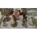 TRAY CONTAINING ROYAL DOULTON FIGURINE ORNAMENTS, HUMMEL SKIER FIGURE, GOEBEL BIRDS, BORDER FINE