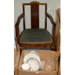 SINGLE CHAIR & BOX CONTAINING QUANTITY DINNER WARE, CRYSTAL BASKET ETC