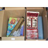 2 BOXES WITH VARIOUS CUTLERY, MUSIC STAND, MUSIC BOOKS ETC