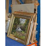 GILT FRAMED OIL ON CANVAS - RIVER LANDSCAPE SIGNED HAMILTON, VARIOUS OTHER PICTURES, TAPESTRY FRAMES