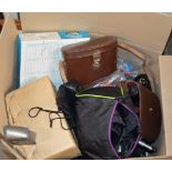 BOX WITH VARIOUS PAIRS OF BINOCULARS, ASSORTED CAMERAS WITH ACCESSORIES ETC