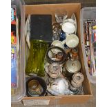BOX WITH EP WARE, GLASS VASE, VARIOUS CUPS & MUGS & GENERAL BRIC-A-BRAC