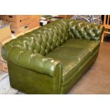 CHESTERFIELD GREEN LEATHER 3 SEATER SETTEE