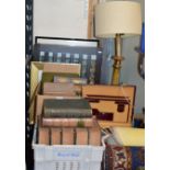 QUANTITY PICTURES, 2 BOXES WITH VARIOUS OLD BOOKS, BRIEFCASE WITH SMALL QUANTITY POSTCARDS, TABLE