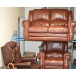 2 PIECE BROWN LEATHER LOUNGE SUITE & BROWN LEATHER SINGLE RECLINING ARM CHAIR