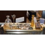 TRAY CONTAINING BLACK FORREST STYLE BLOTTER, AMBER GLASS SCENT BOTTLE & STOPPER, COINS, ASSORTED