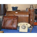 OLD SINGER SEWING MACHINE, VINTAGE FLASK WITH LEATHER CASE, OLD TELEPHONE & SET OF LAWN BOWLS