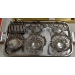TRAY WITH ASSORTED SILVER WARE INCLUDING PAIR OF ORNATE LONDON SILVER BONBON DISHES, PAIR OF