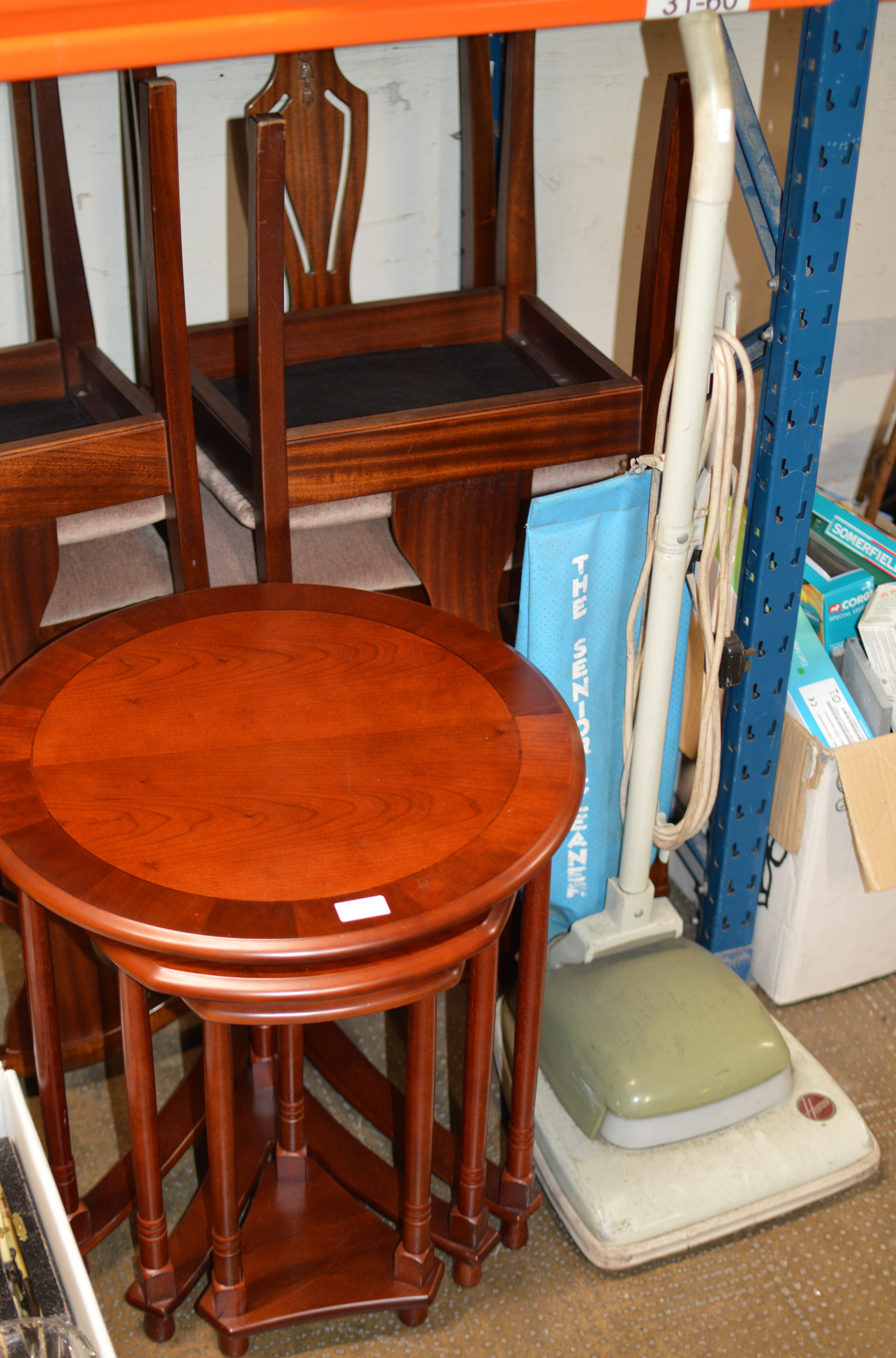 NEST OF REPRODUCTION MAHOGANY EFFECT TABLES & VINTAGE VACUUM CLEANER