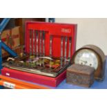 MANTLE CLOCK, SMOKERS BOX, CANTEEN OF CUTLERY & ORIENTAL STYLE PHOTOGRAPH ALBUM