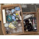 2 BOXES CONTAINING MIXED CERAMICS, CRYSTAL WARE, WEDGWOOD JASPER WARE, FIGURINE ORNAMENTS &