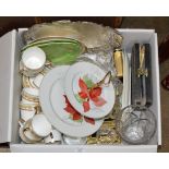 BOX CONTAINING CAKE STAND, QUANTITY TEA WARE, SMALL FRAMED PICTURES, CUTLERY, CRYSTAL VASE ETC