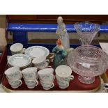 TRAY CONTAINING GOEBEL FIGURINE, LLADRO STYLE FIGURINE, QUANTITY TEA WARE & 2 PIECES OF CRYSTAL WARE