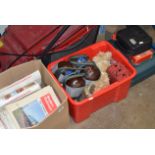QUANTITY TOOLS & 2 BOXES CONTAINING MAPS, VARIOUS MAGAZINES, LAWN BOWLS, SOFT TOY & GENERAL BRIC-A-