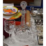 CRYSTAL DECANTER WITH PAIR OF STEM CRYSTAL GLASSES
