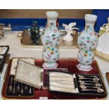 TRAY CONTAINING PAIR OF MODERN CHINESE VASES & 3 BOXED SETS OF EP CUTLERY