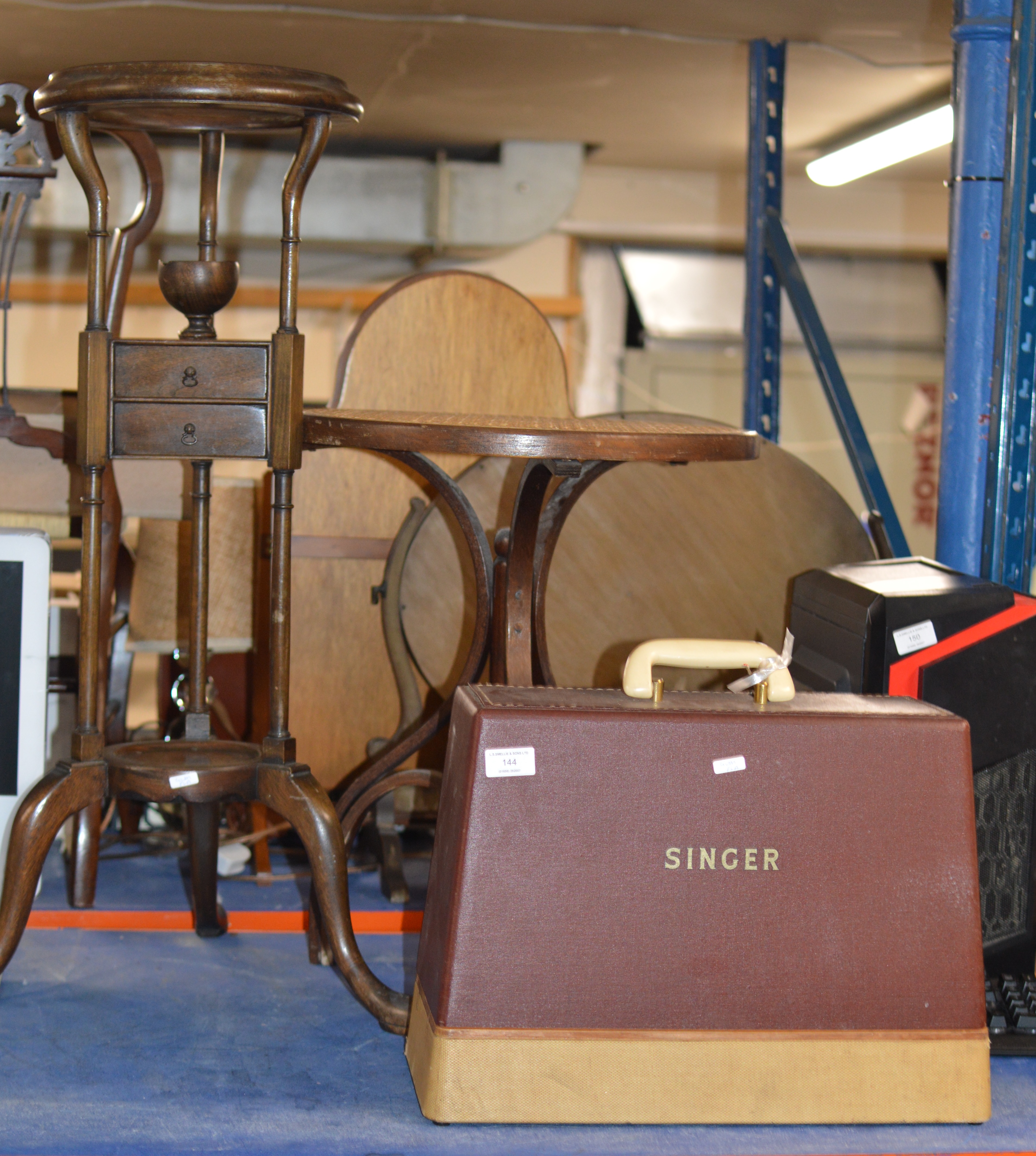 SINGER SEWING MACHINE, OCCASIONAL TABLE & MAHOGANY WASH STAND