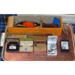 TRAY CONTAINING OLD TOOLS, QUANTITY VARIOUS COSTUME JEWELLERY, CUFFLINKS, SILVER BROOCHES ETC