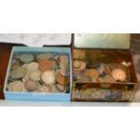 2 TINS WITH VARIOUS OLD COINAGE, SILVER CROWNS ETC
