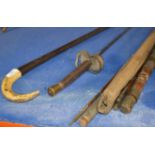 OLD FENCING STYLE SWORD, QUANTITY OLD FISHING RODS & WALKING STICK