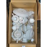 BOX WITH HUMMEL FIGURINES & QUANTITY VARIOUS TEA WARE