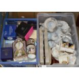 2 BOXES WITH MIXED CERAMICS, ROYALTY WARE, BOXED MUGS, TEA WARE, CUTLERY, DECORATIVE CLOCK ETC